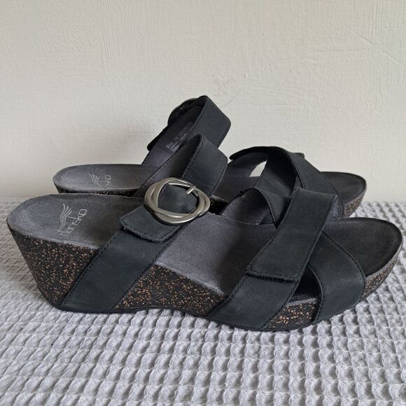 Dansko Black Wedge Sandals with Silver Buckle - Picture 5 of 16